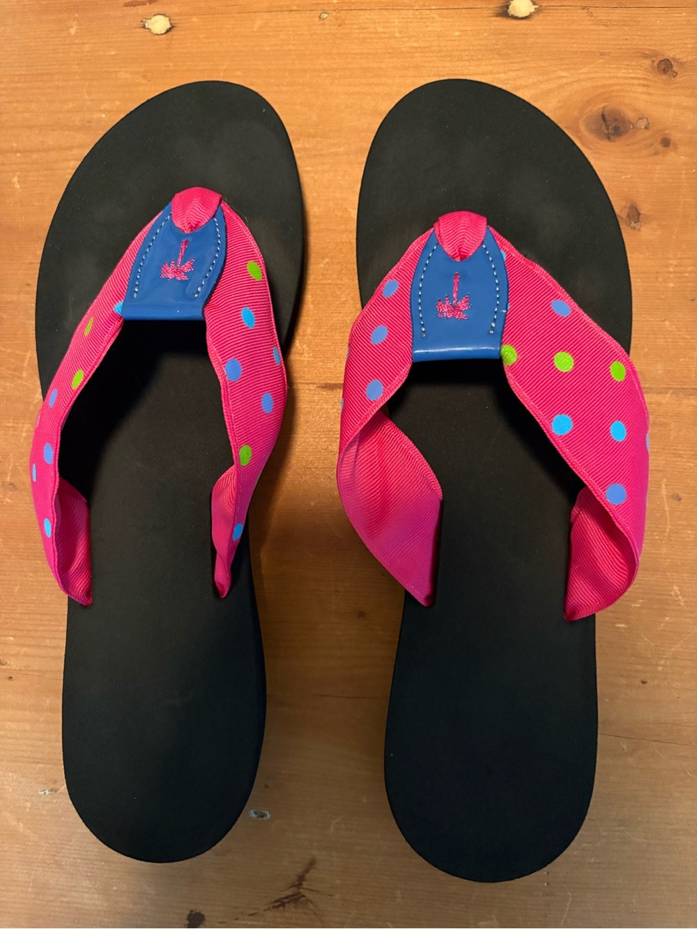 Like New, ELIZA B Pink & Blue Polka Dot Ribbon Flip Flop Sandals, Fits Size 9